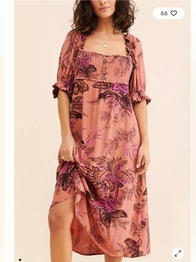 Anthropologie Smocked Floral Midi Dress L Boho Cottagecore Romantic